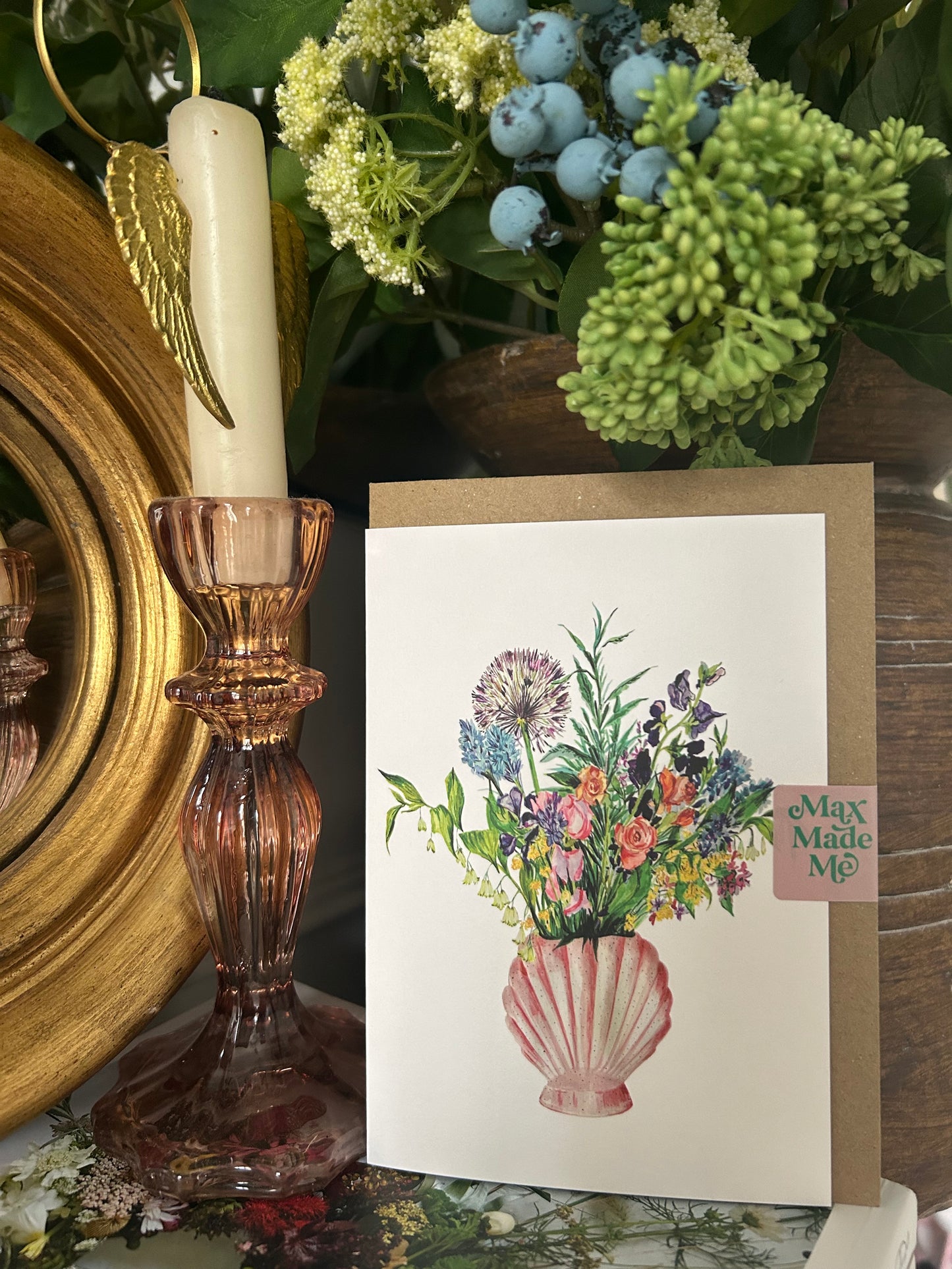 Shell Vase of Garden Blooms Card